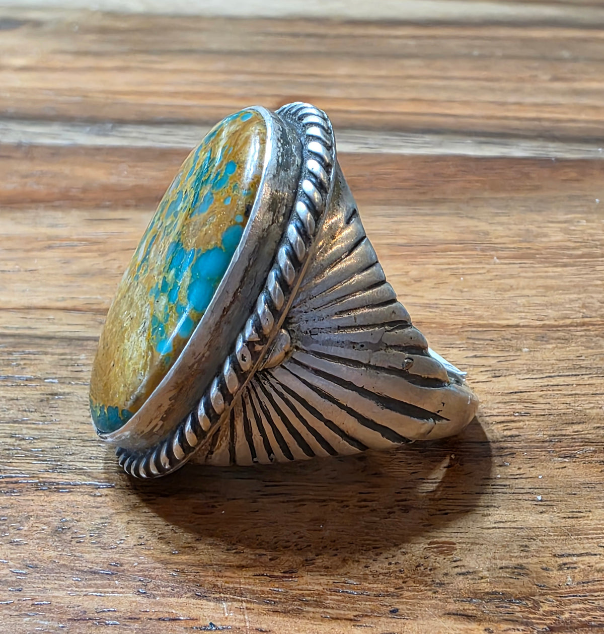 Heavy Sterling & Royston Turquoise Navajo Ring, Size 9.75