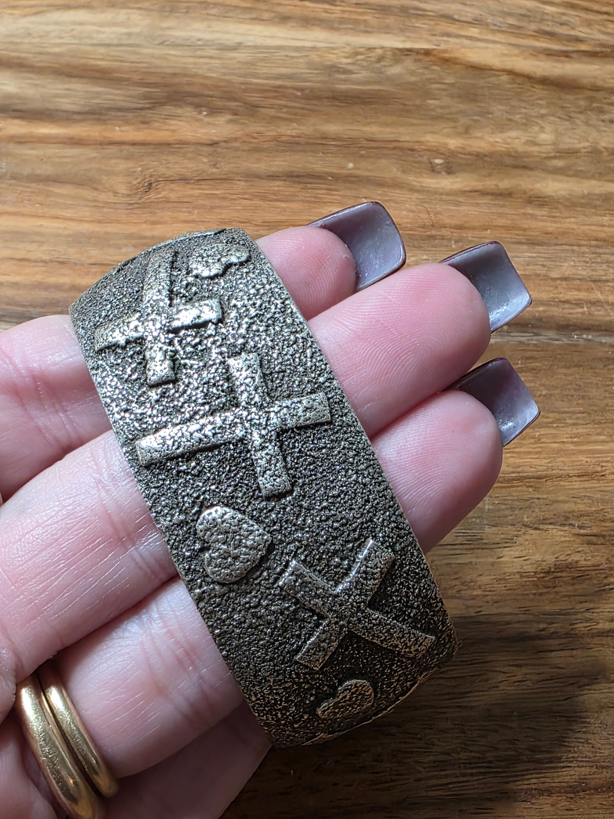 Navajo Tufa-Cast Sterling Silver Cross & Heart Cuff Bracelet, Henry Yazzie, 69g
