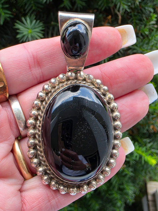 Vintage Sterling Silver Black Onyx Pendant, Taxco, Mexico