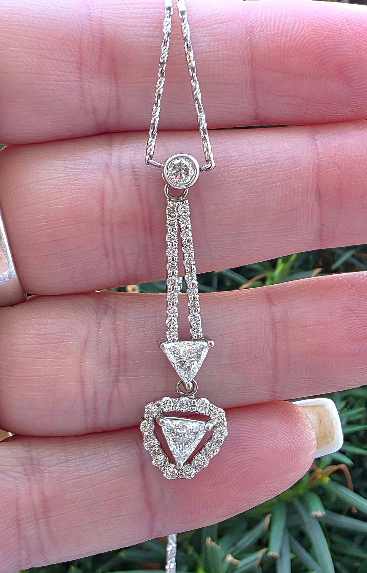 Estate 14k White Gold Trillion Cut Natural Diamond Lavalier Necklace, 2ctw