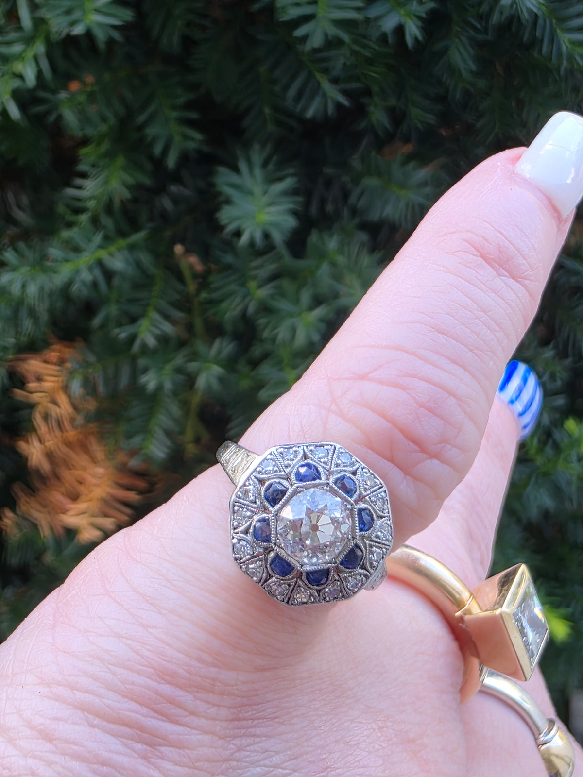 Art Deco Platinum Old Mine Cut Diamond & Sapphire Filigree Ring