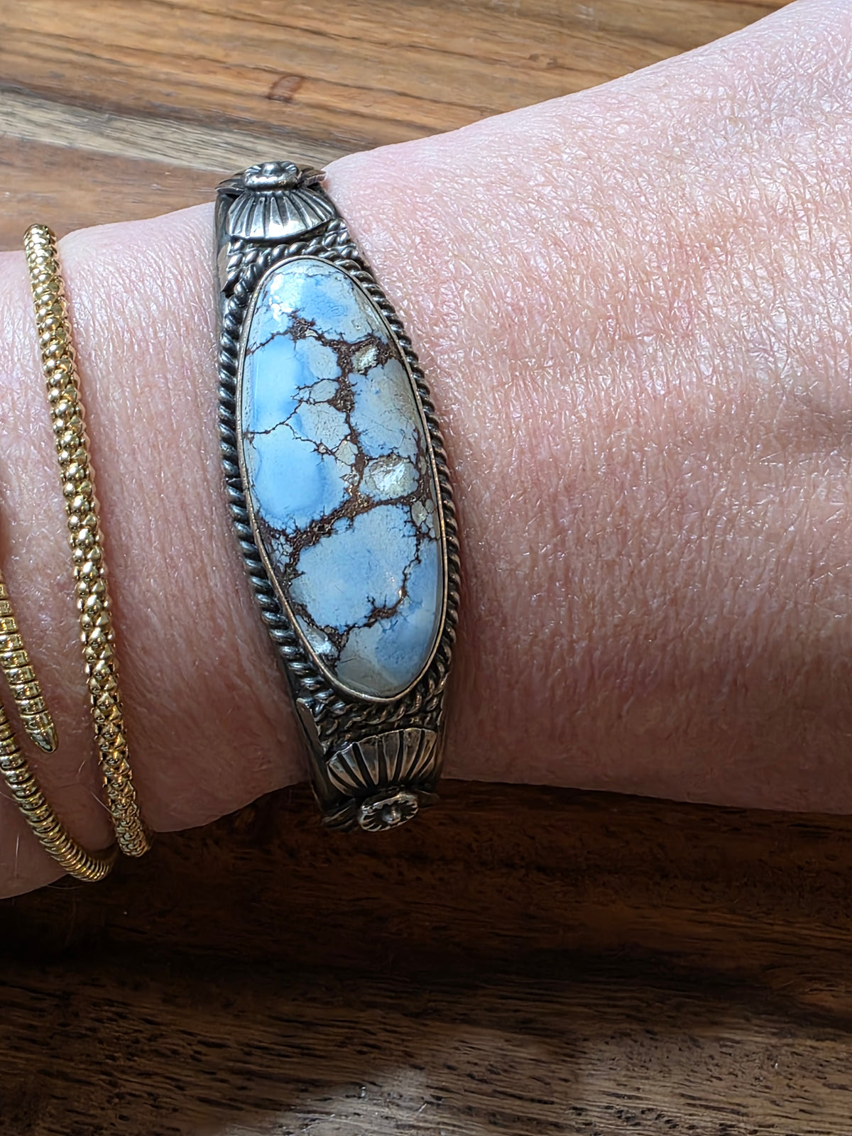 Navajo M. Spencer Sterling Silver Golden Hills Turquoise Cuff Bracelet