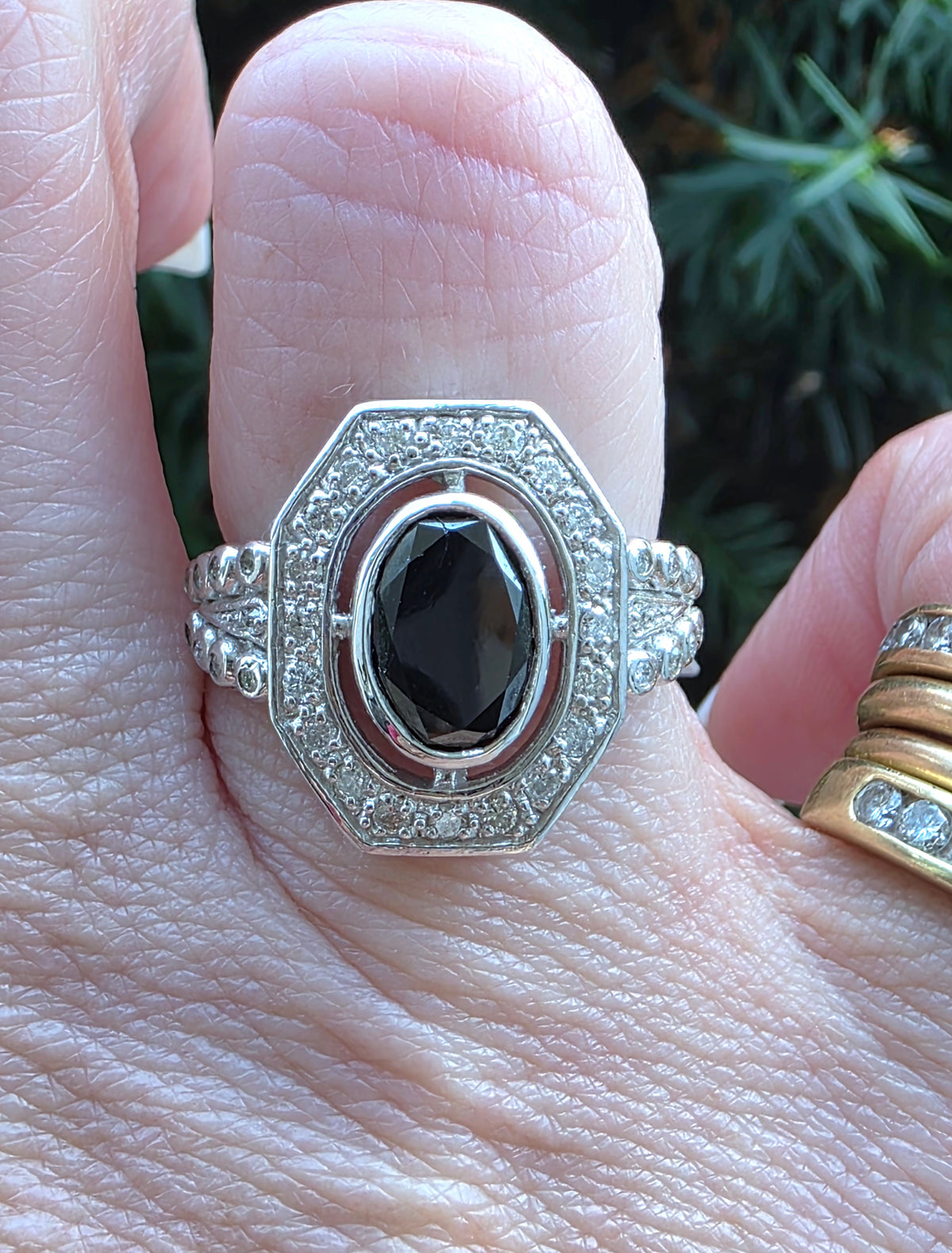 Estate 14k Oval Cut Black Diamond Halo Ring