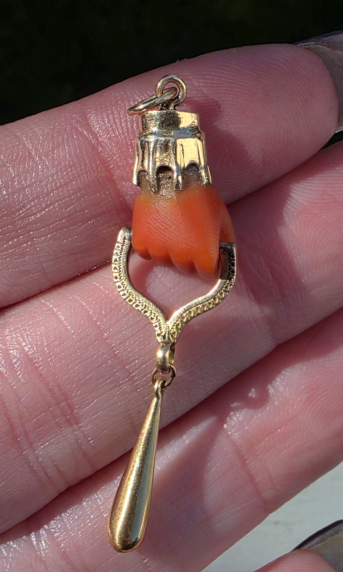 Antique Victorian 14K Gold Carved Coral Figa Fist Pendant Charm Talisman