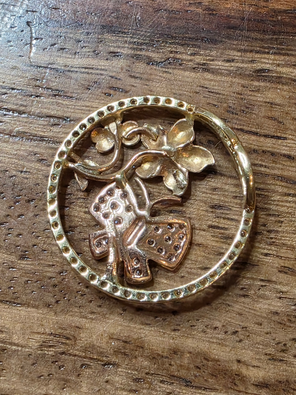 14k Multicolor Gold & Diamond Floral Butterfly Disc Pendant