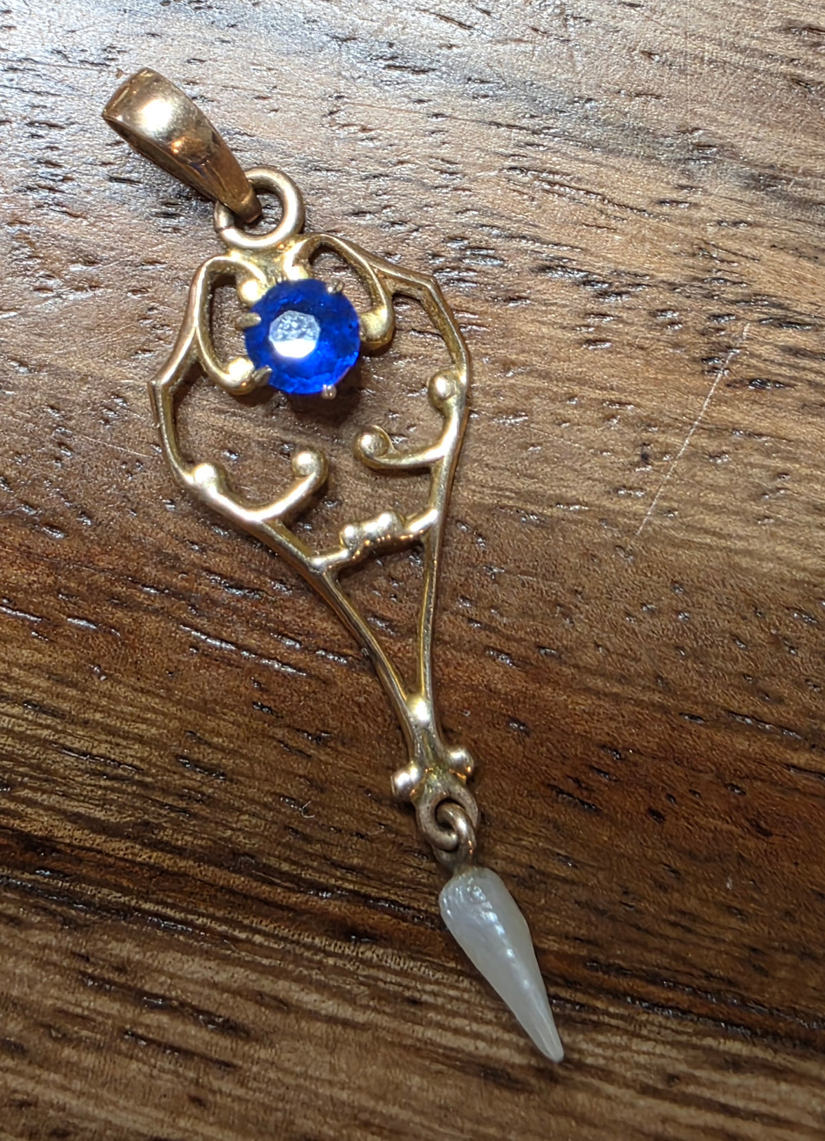 Antique Edwardian 10k Gold  Sapphire & Dog Tooth Pearl Drop Lavalier Pendant