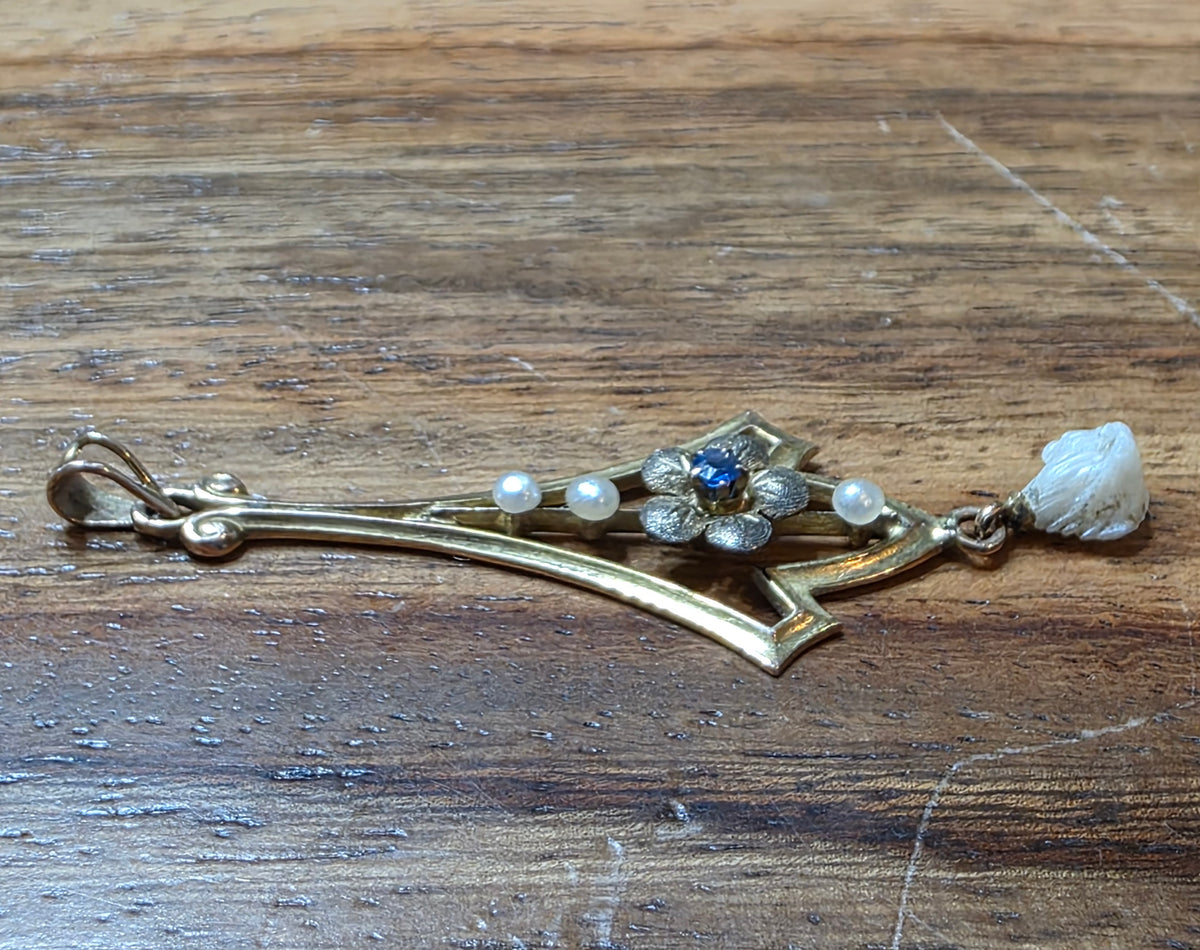 Antique Art Nouveau 10k Gold Lavalier Pendant Sapphire & Dog Tooth Pearl Drop
