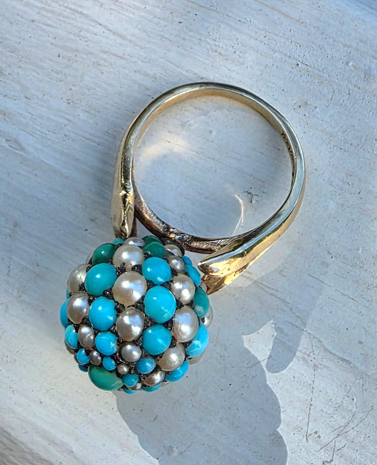 Vintage 14K Yellow Gold Falconi Signed Turquoise Pearl Basket Dome Cluster Ring