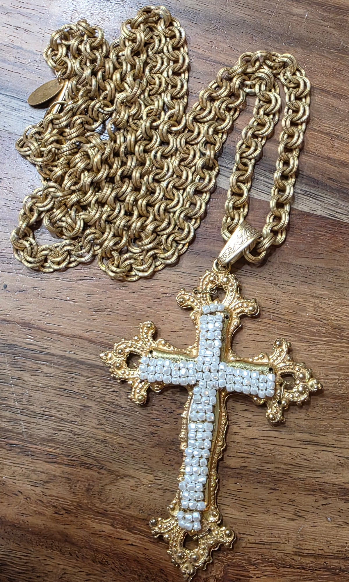 Vintage Miriam Haskell Baroque Cross Pendant Necklace Russian Gold Faux Pearls