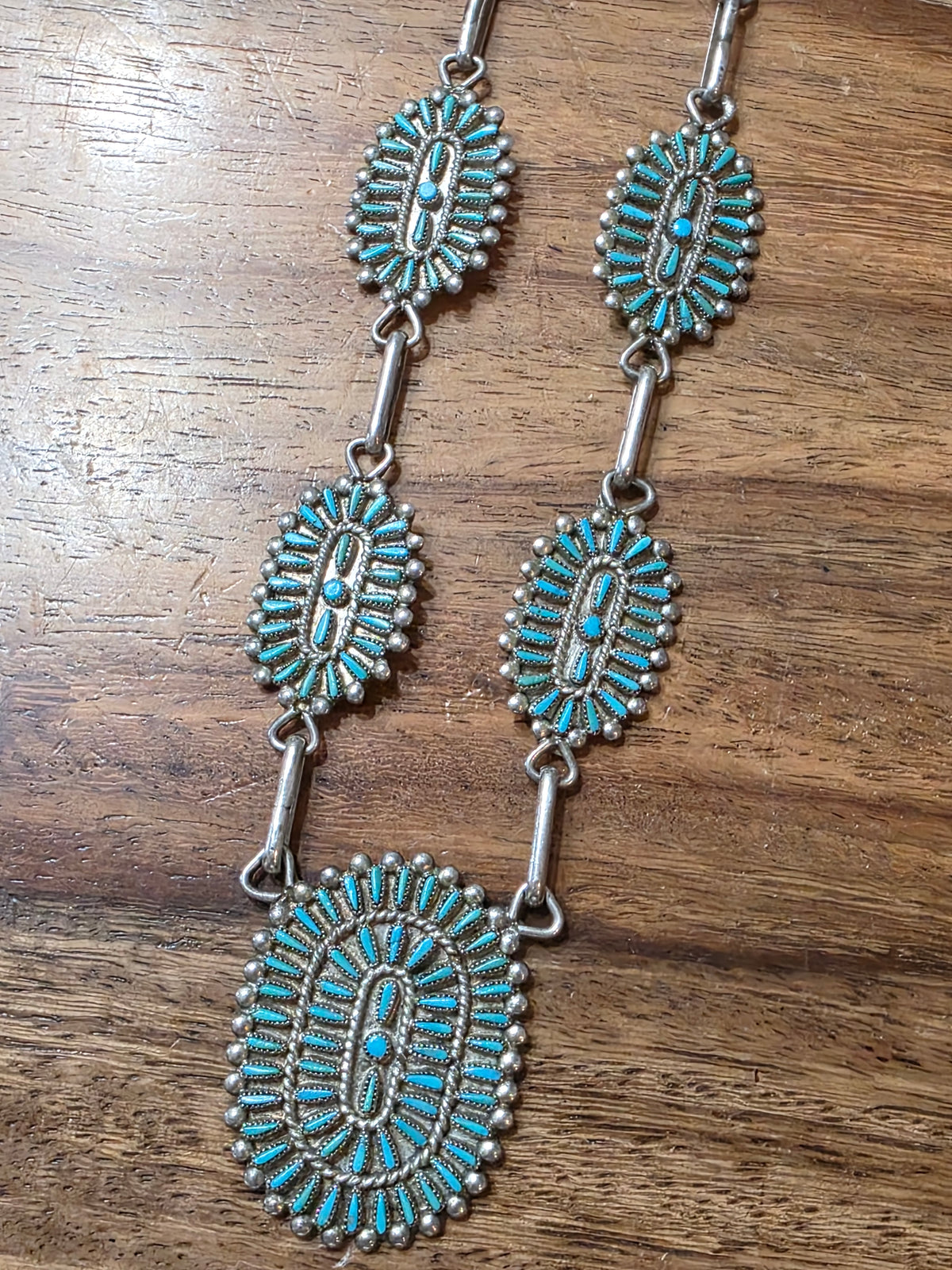 Vintage Zuni R.Q. Panteah Turquoise Needlepoint Sterling Silver Cluster Necklace