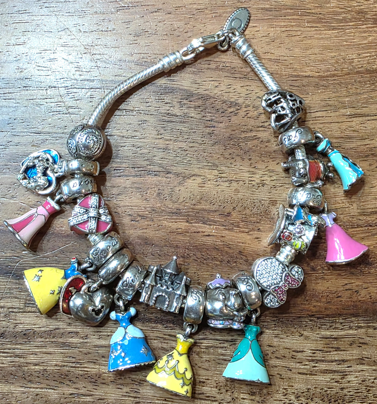 Authentic Pandora Disney Princess Charm Bracelet - 17 Charms Inc. 7 Dresses, 925
