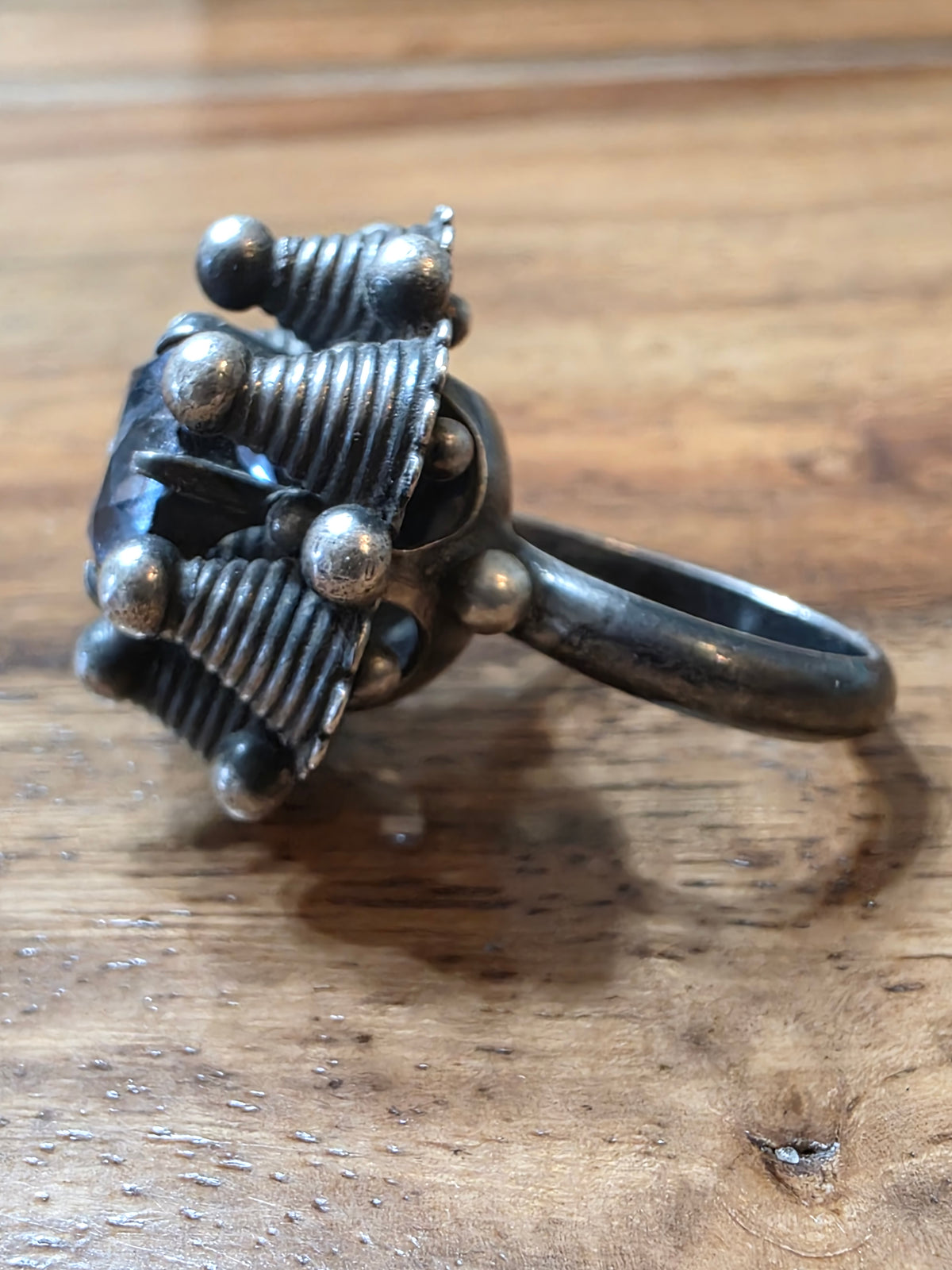 Vintage 925 Sterling Blue Topaz Flower Dome Cocktail Ring Tribal Modernist