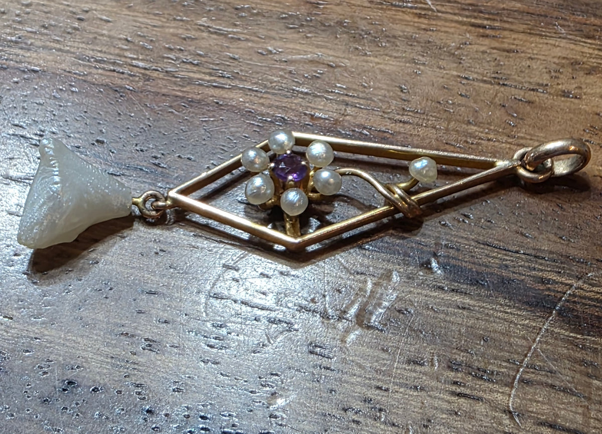 Antique Edwardian Era 10k Yellow Gold Amethyst & Pearl Lavalier Pendant