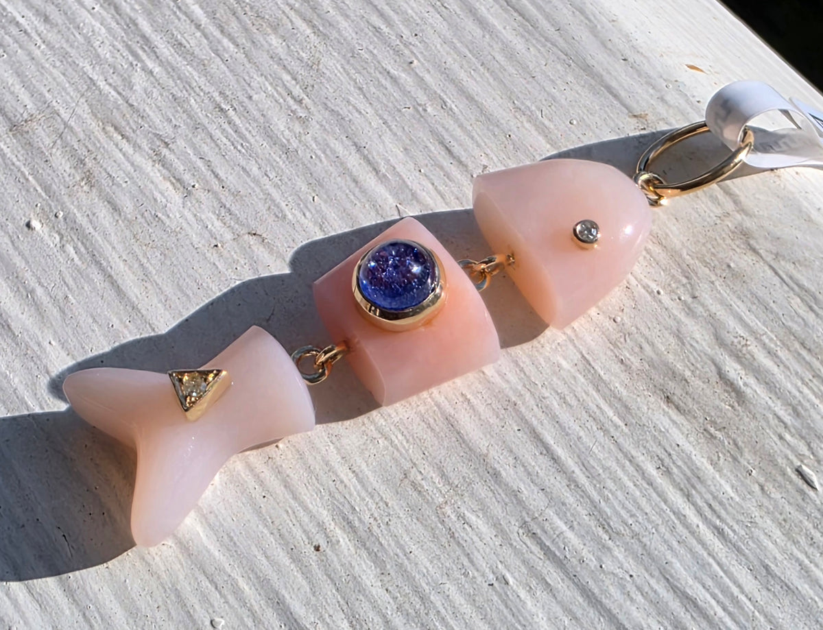 Pink Opal, Sapphire and Diamond Articulated Fish Pendant