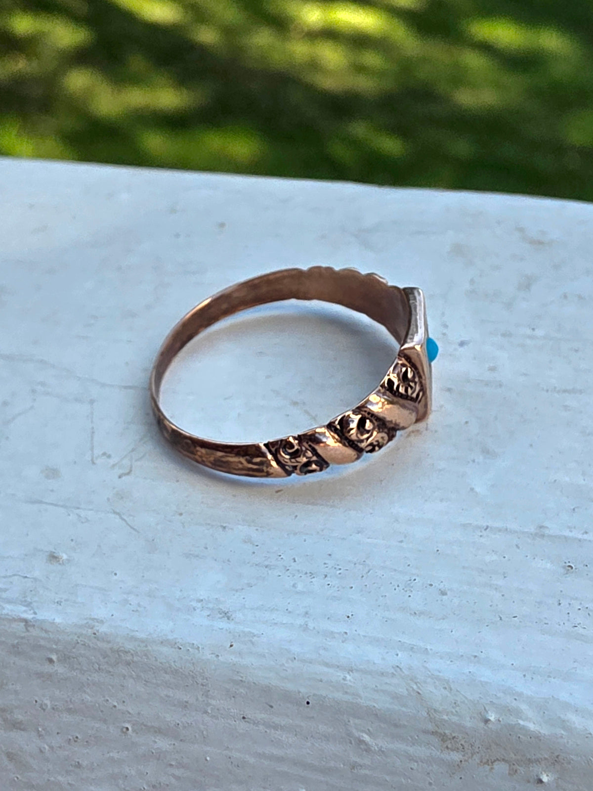 Antique Victorian 10k Rose Gold Embossed Starburst Turquoise Signet Ring