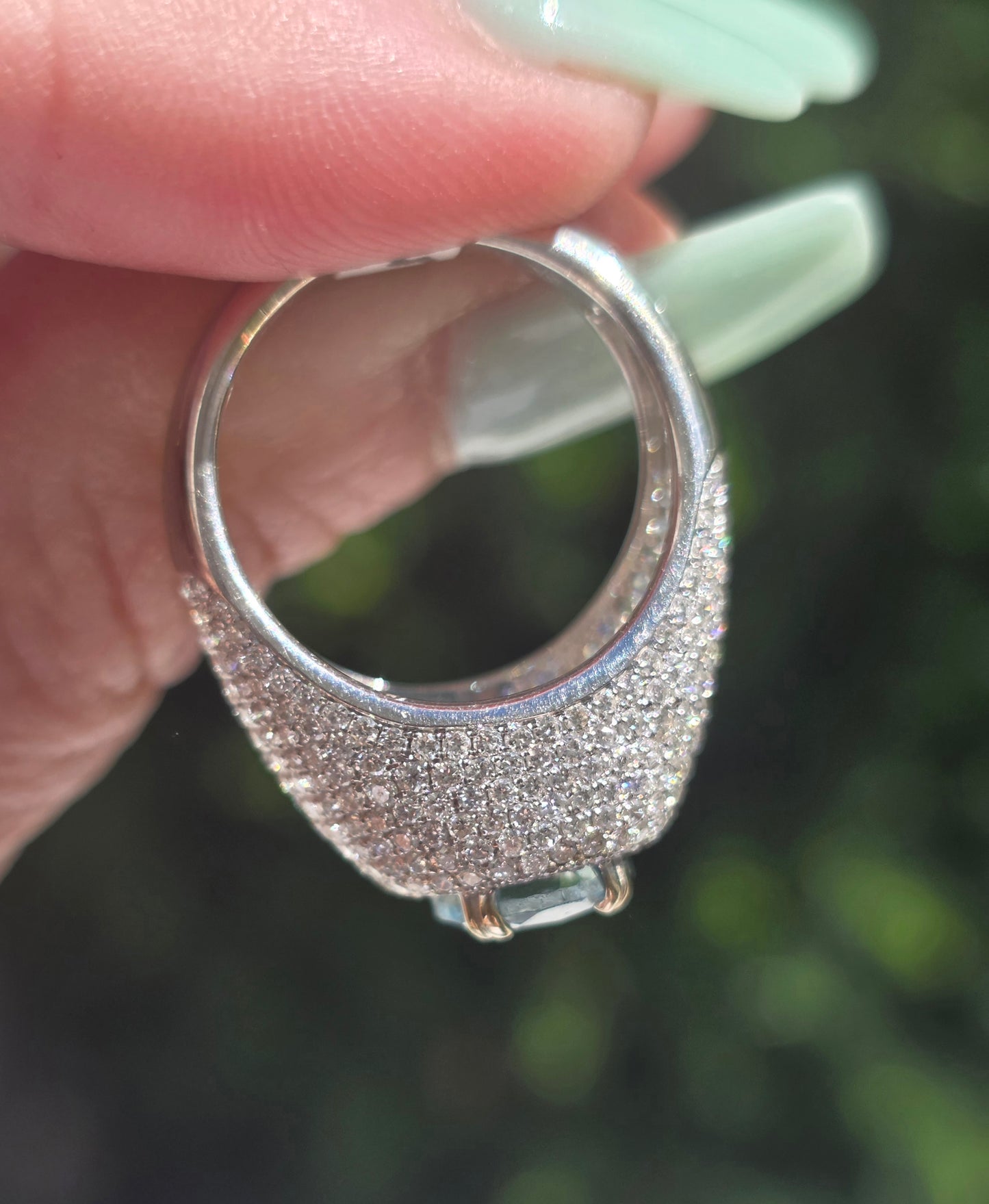 18k Aquamarine & Pave Set Diamond Bombe Ring