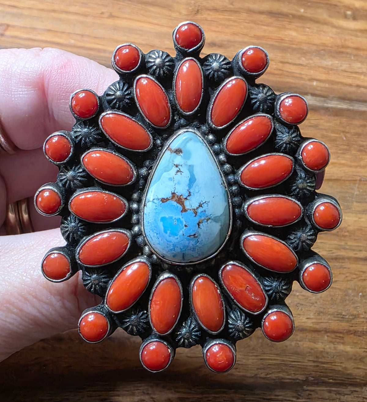 Shawn Cayatineto Navajo Golden Hills Turquoise & Red Coral Cluster Ring, Large