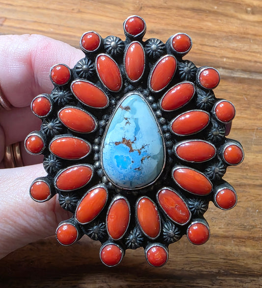 Shawn Cayatineto Navajo Golden Hills Turquoise & Red Coral Cluster Ring, Large