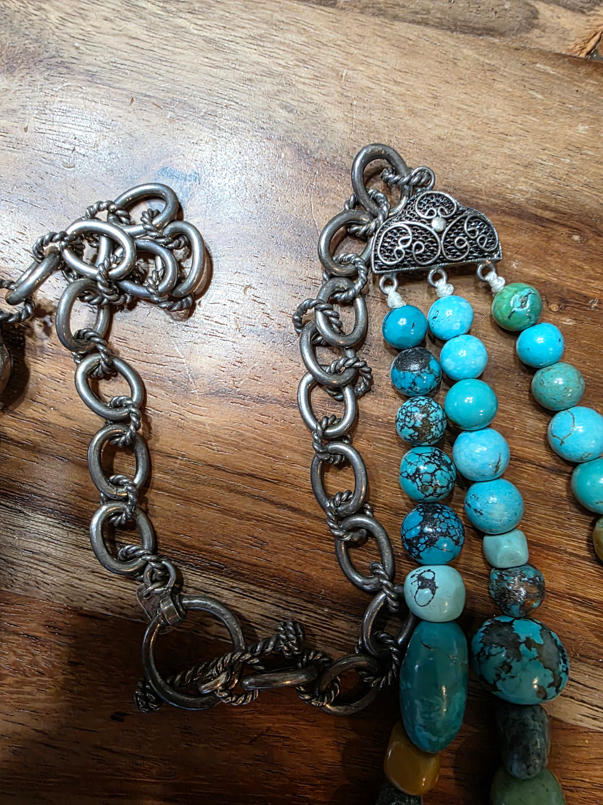 Signed BJ China 925 Sterling Silver Multi 3 Strand Turquoise Chunky Bib Necklace