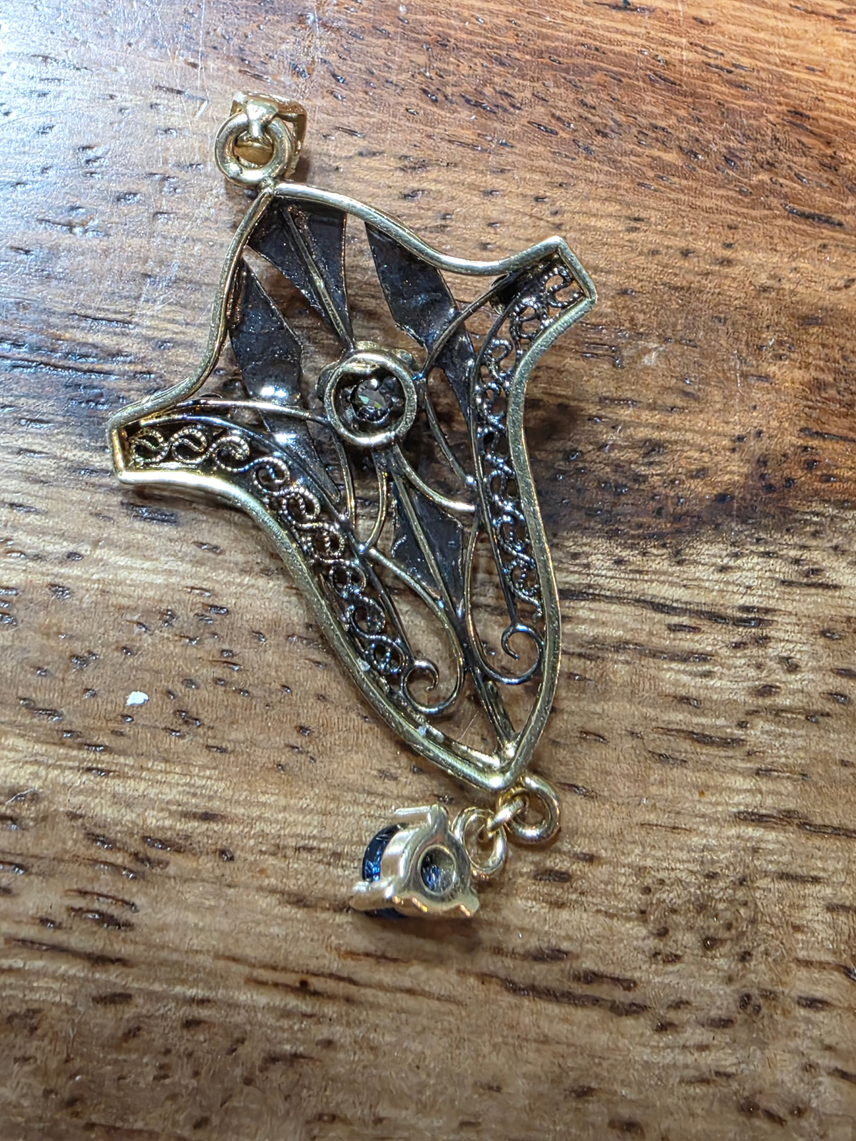 Antique Edwardian 10k Two Tone Gold Filigree Diamond & Sapphire Lavalier Pendant