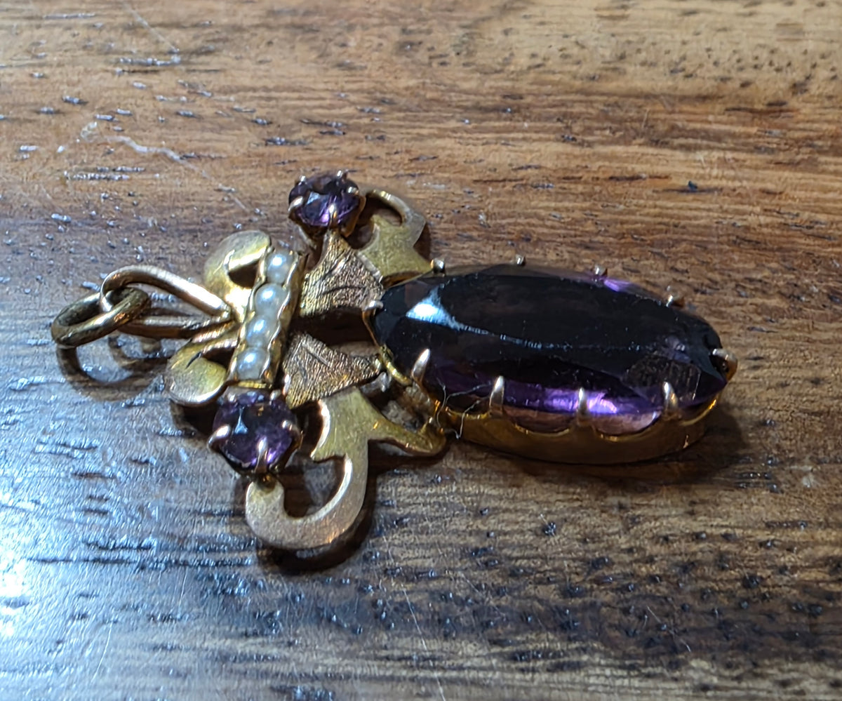 Antique Art Nouveau 10k Gold Amethyst & Seed Pearl Lavalier Pendant