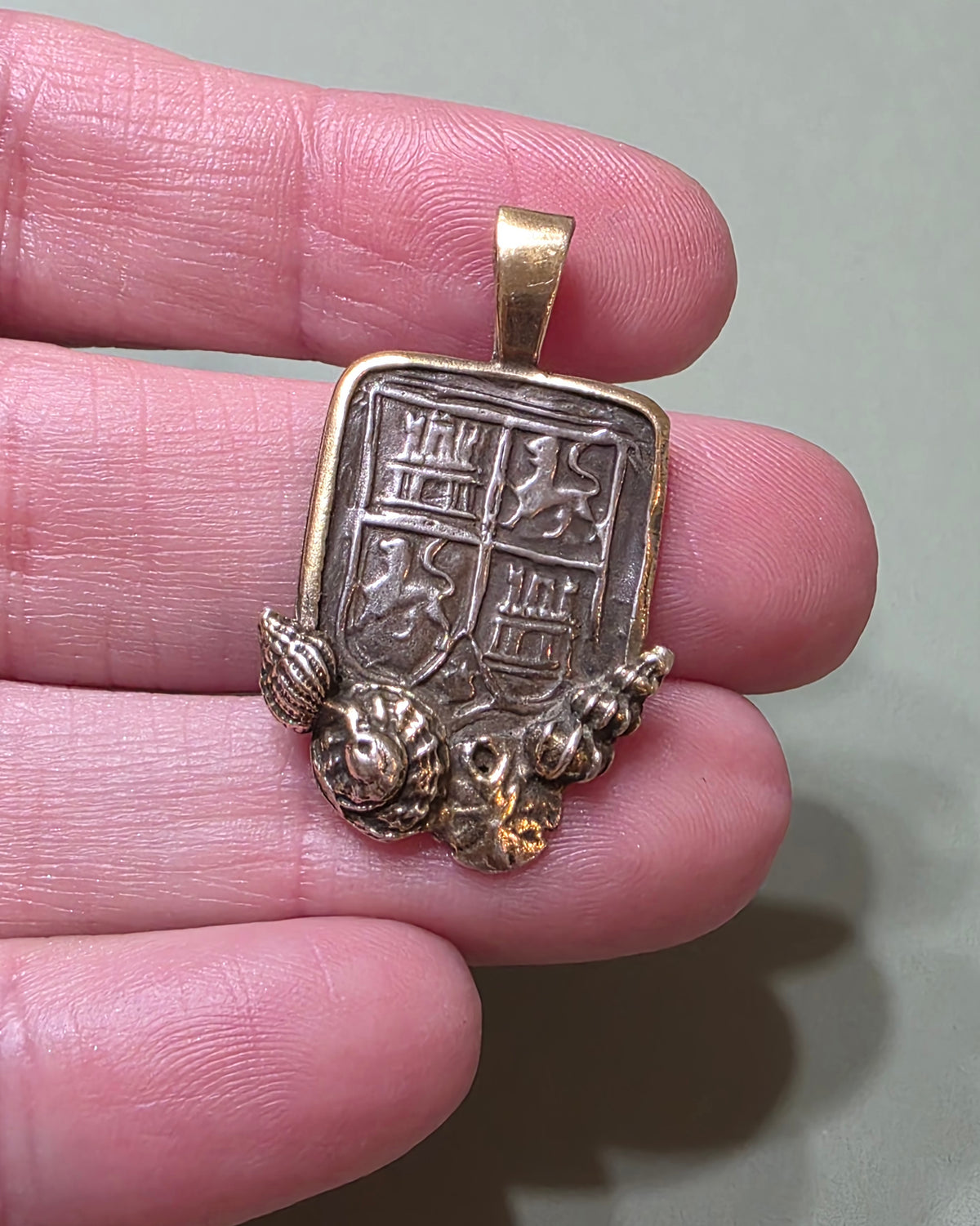 Sterling Vermeil Atocha Shipwreck Replica Coin Shield Pendant Seashell Accents