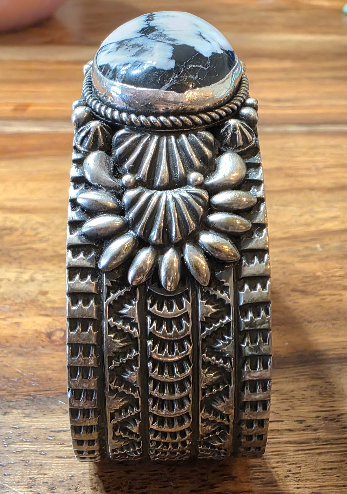 Navajo White Buffalo Wide Ornate Sterling Silver Cuff Bracelet Signed J.O. White
