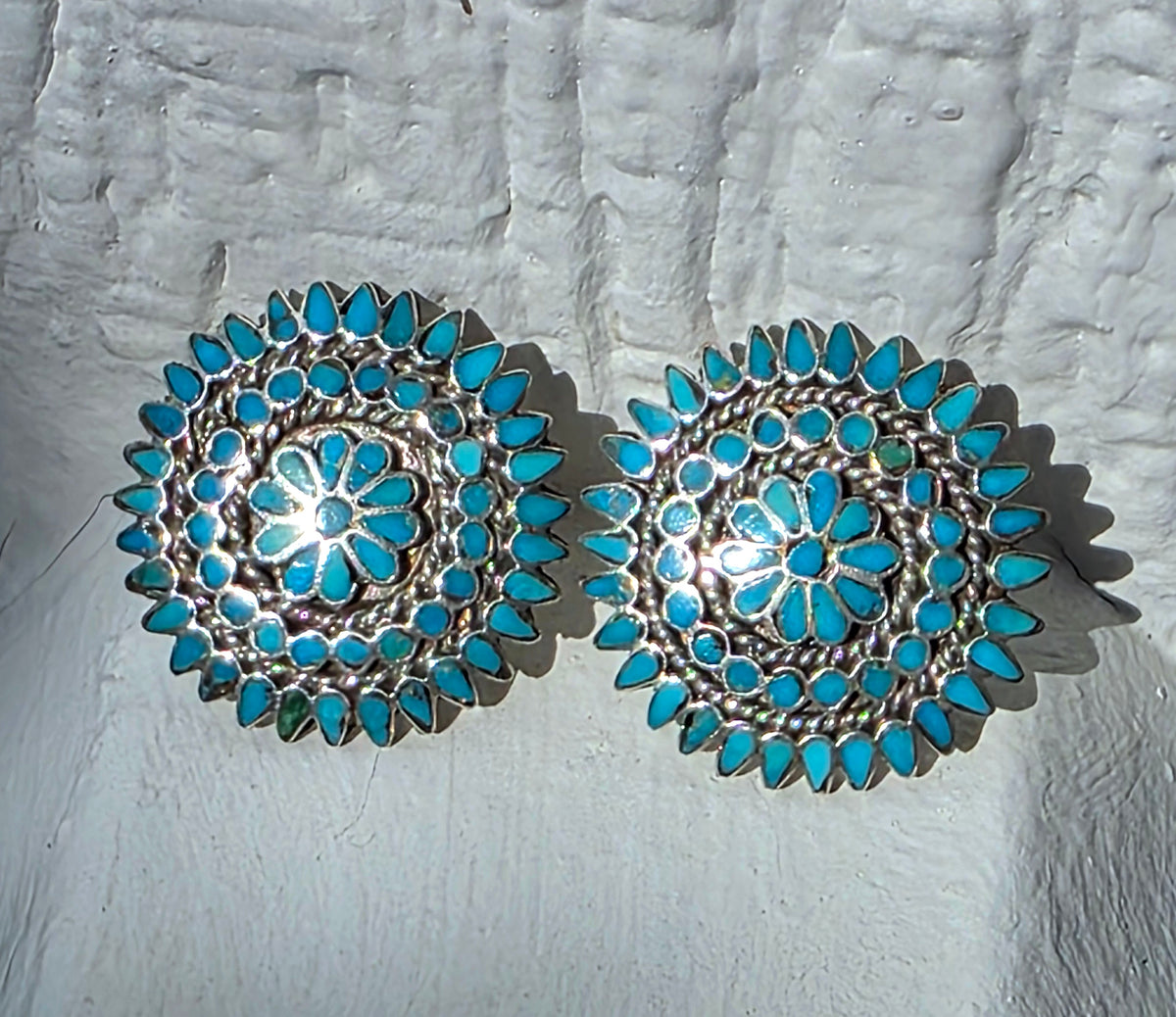 Vintage Zuni Indian Turquoise Flush Inlay Earrings, Sterling Silver, Pierced