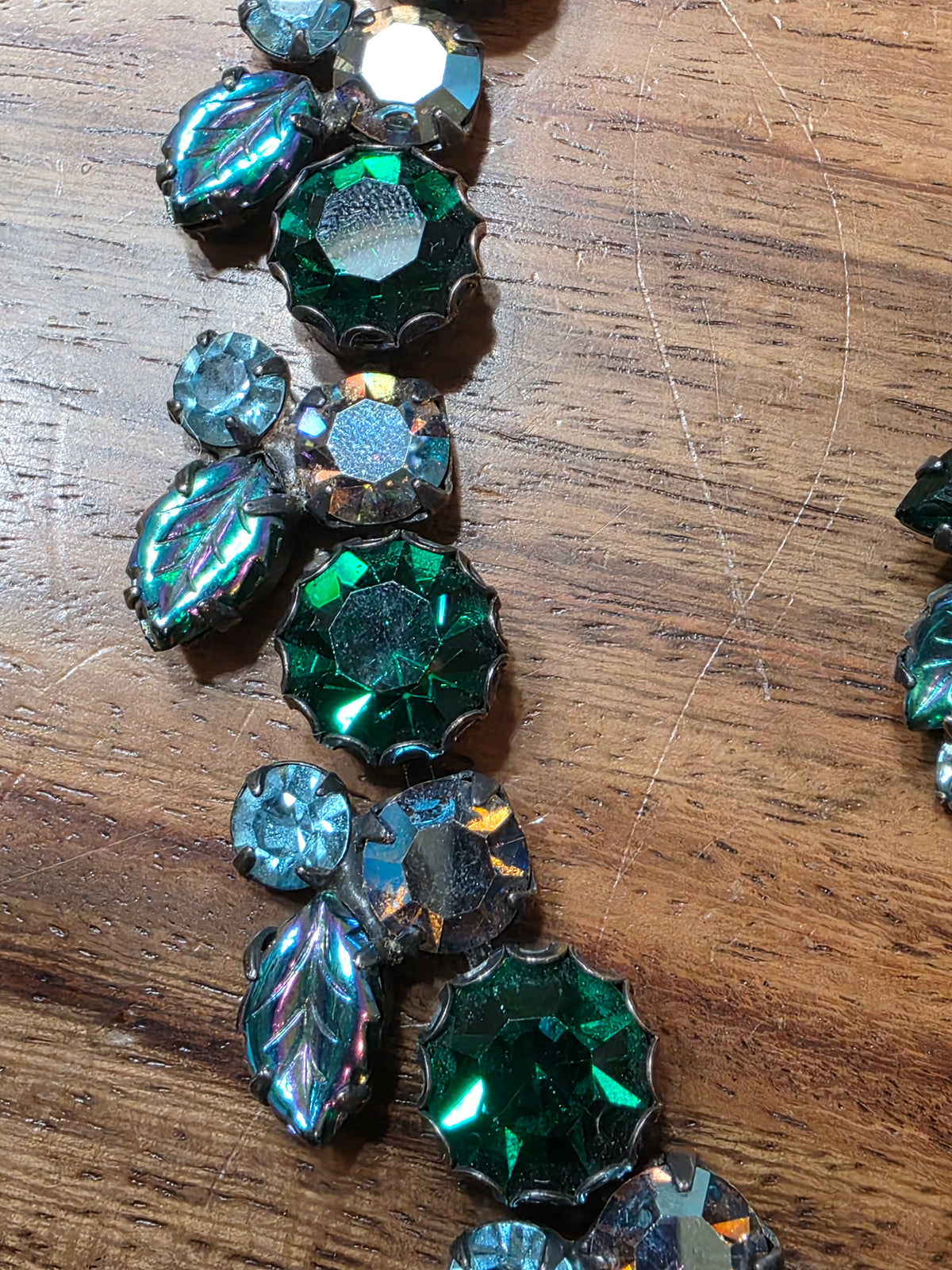 Vintage REGENCY Signed Green Molded Glass Leaf Rhinestone Necklace Bracelet Earring