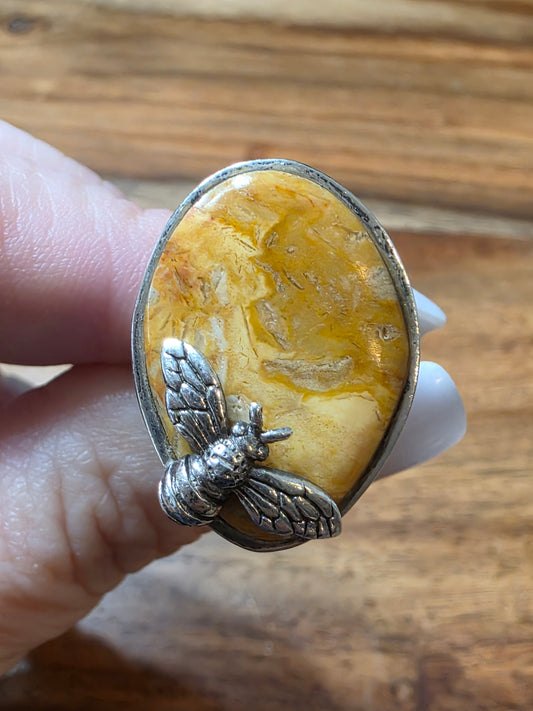 Vintage Barse Sterling Silver Applied Bumblebee, Yellow Jasper Statement Ring