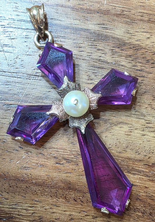 Vintage 14k Gold Synthetic Alexandrite & Pearl Color Change Cross Pendant
