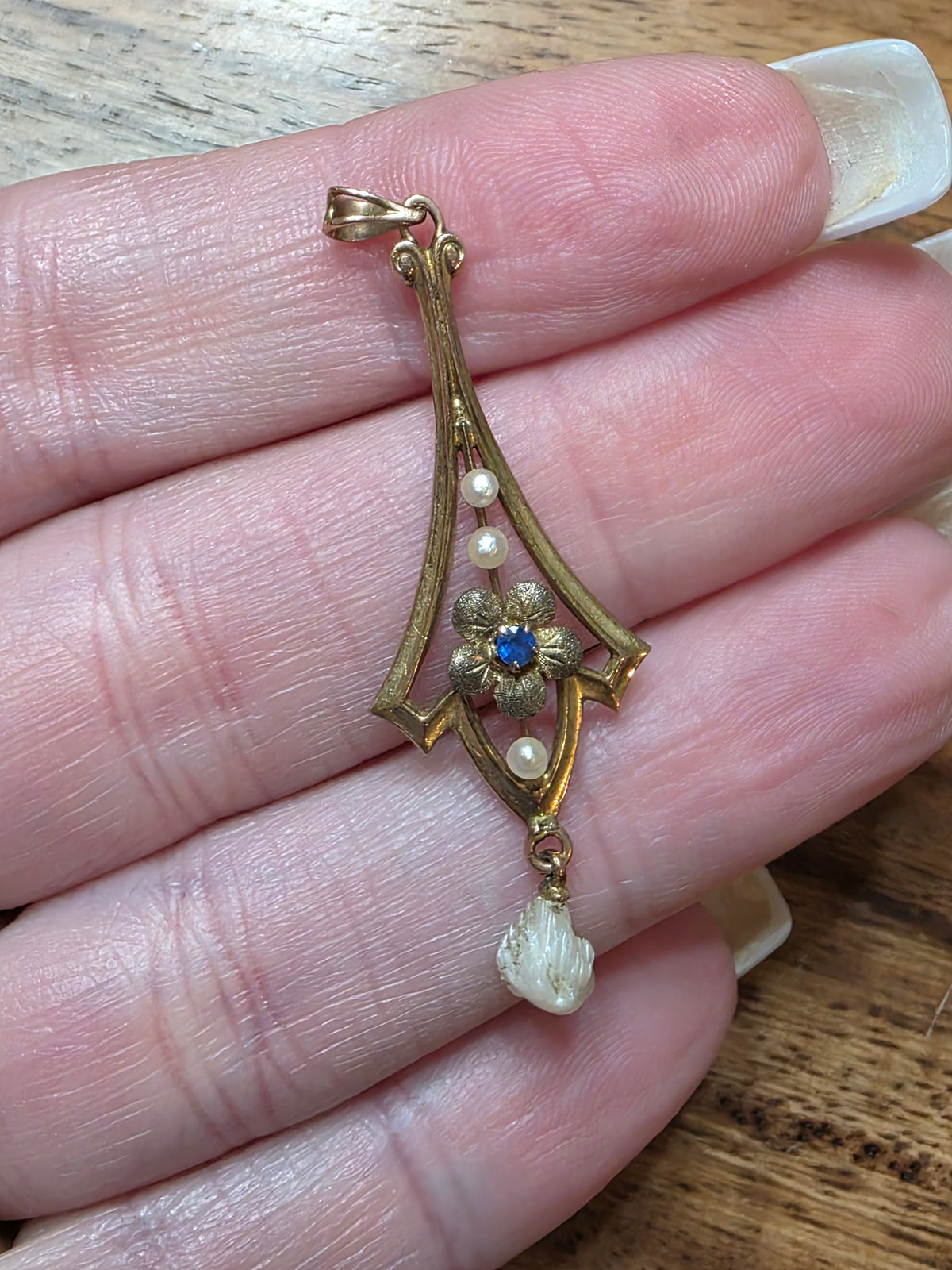 Antique Art Nouveau 10k Gold Lavalier Pendant Sapphire & Dog Tooth Pearl Drop