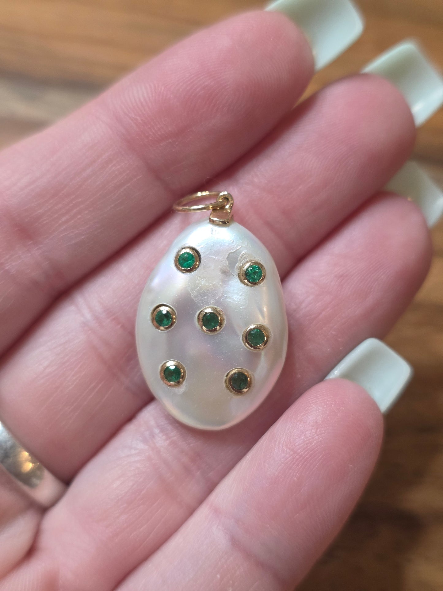 Bezel Set Emeralds on a Coin Pearl