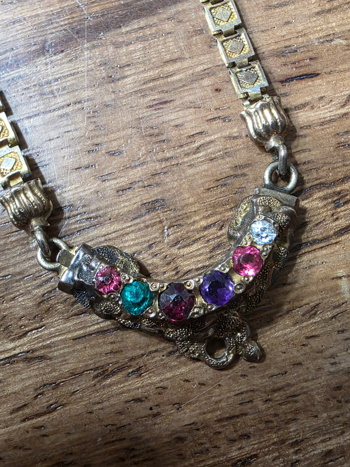 Antique Gold Filled Multi Color Paste Stone Book Chain Necklace
