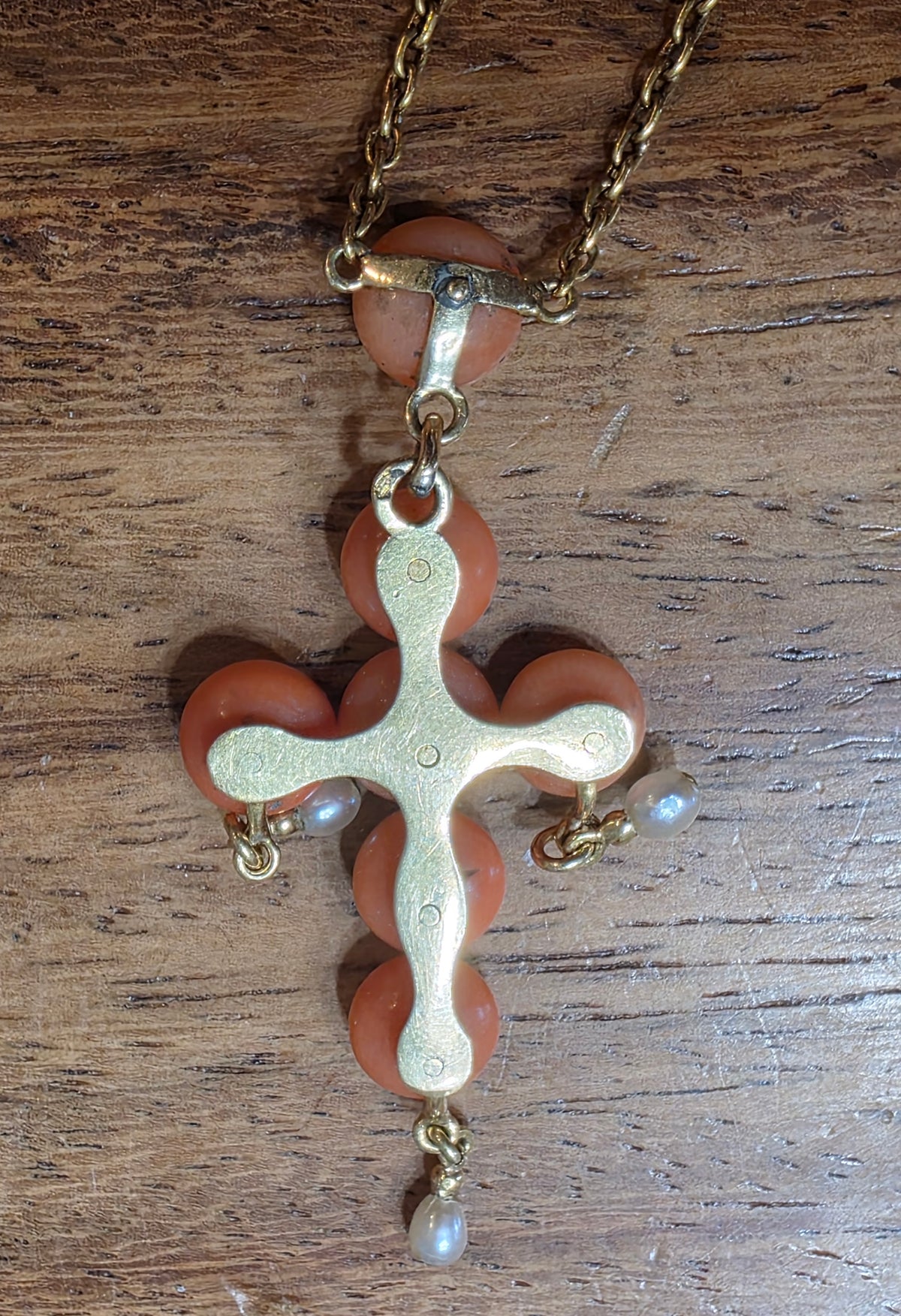 Antique Victorian 18K Gold Coral Diamond Seed Pearl Cross Pendant Necklace