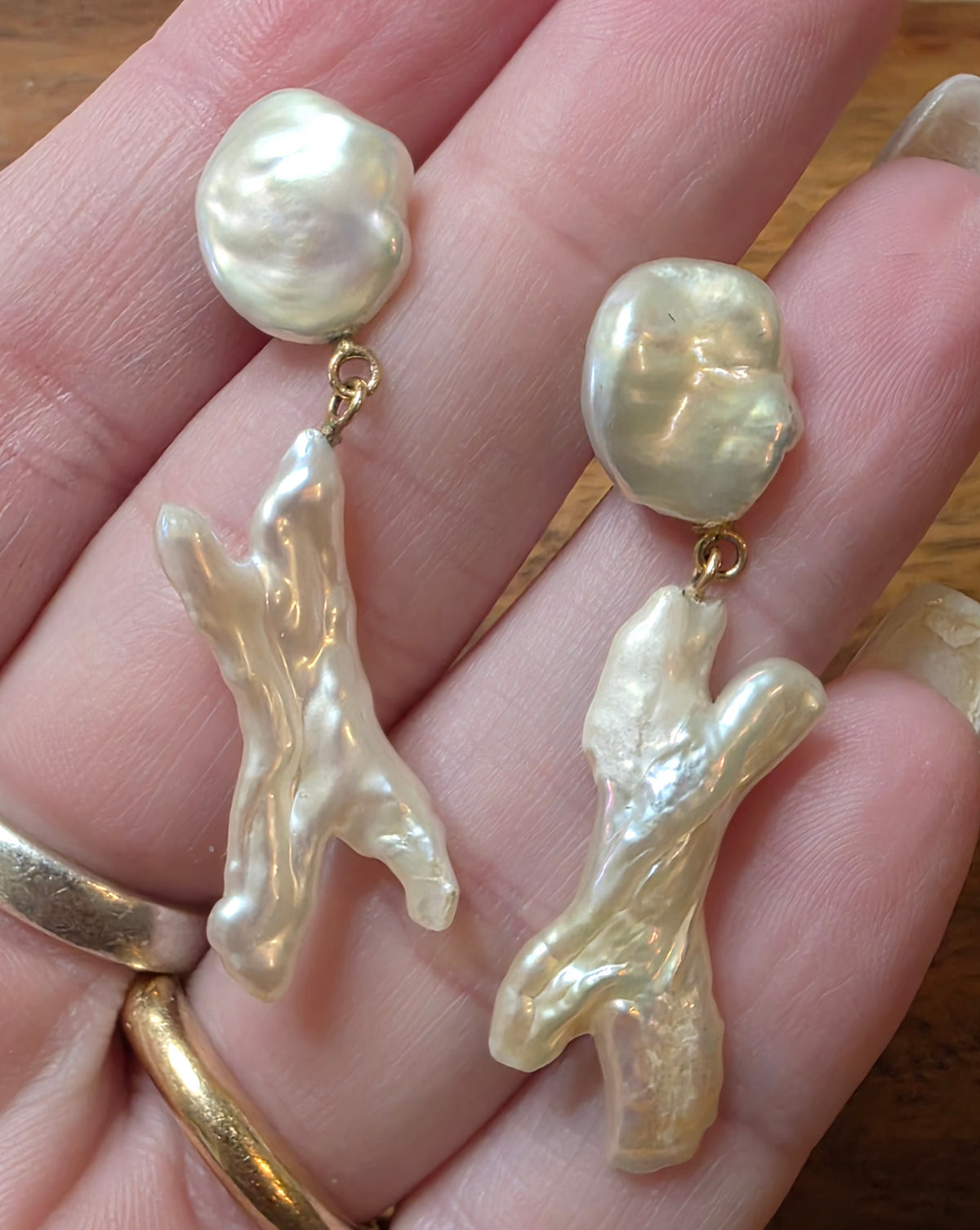 Estate 14k Yellow Gold Organic Biwa Stick & Coin Baroque Pearl Drop Earrings