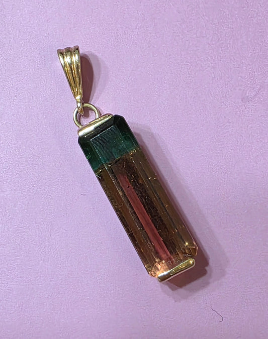 14k Yellow Gold Natural Watermelon Tourmaline Pendant Bi-Color Crystal
