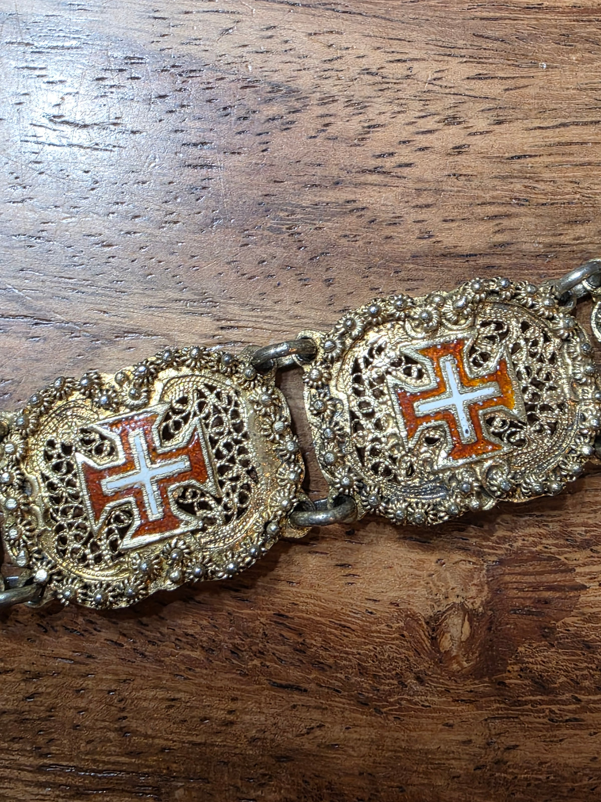 Antique Portuguese .833 Silver Vermeil Filigree Bracelet Order of Christ Enamel