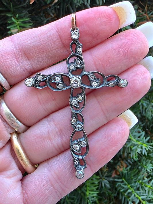 Antique Silver & Gold Rose Cut Diamond Cross Pendant