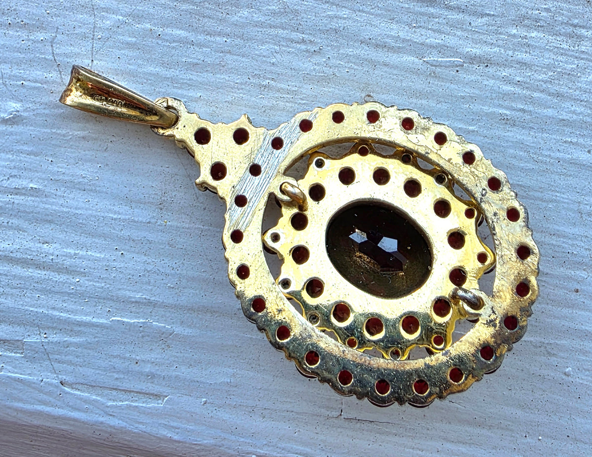 Vintage Bohemian Garnet Cluster Pendant, 900 Silver Gold Vermeil, Czech Pyrope