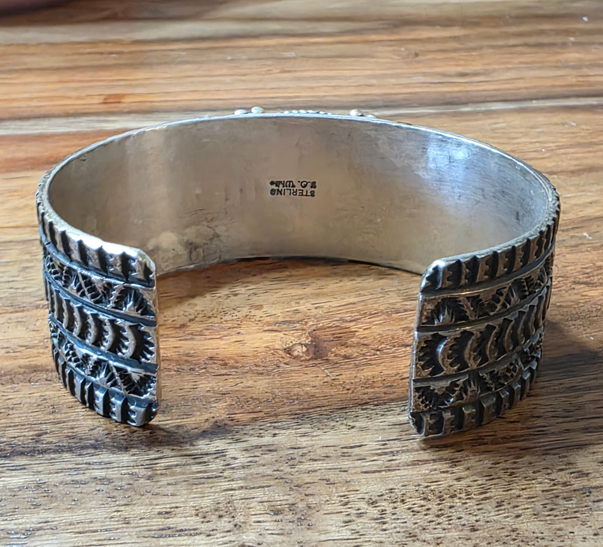 Navajo White Buffalo Wide Ornate Sterling Silver Cuff Bracelet Signed J.O. White