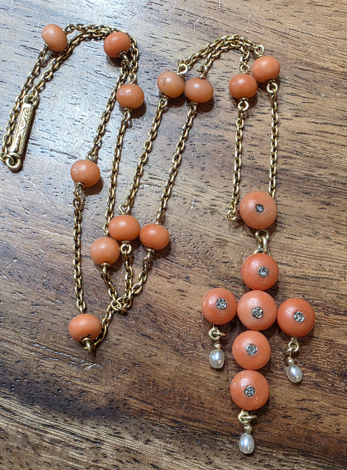 Antique Victorian 18K Gold Coral Diamond Seed Pearl Cross Pendant Necklace