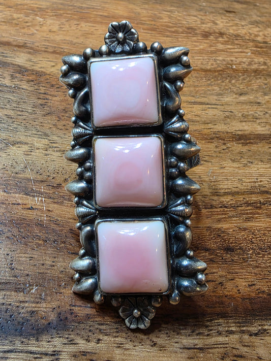 Native American Sterling Silver Triple Pink Conch Shell Ring, Adjustable