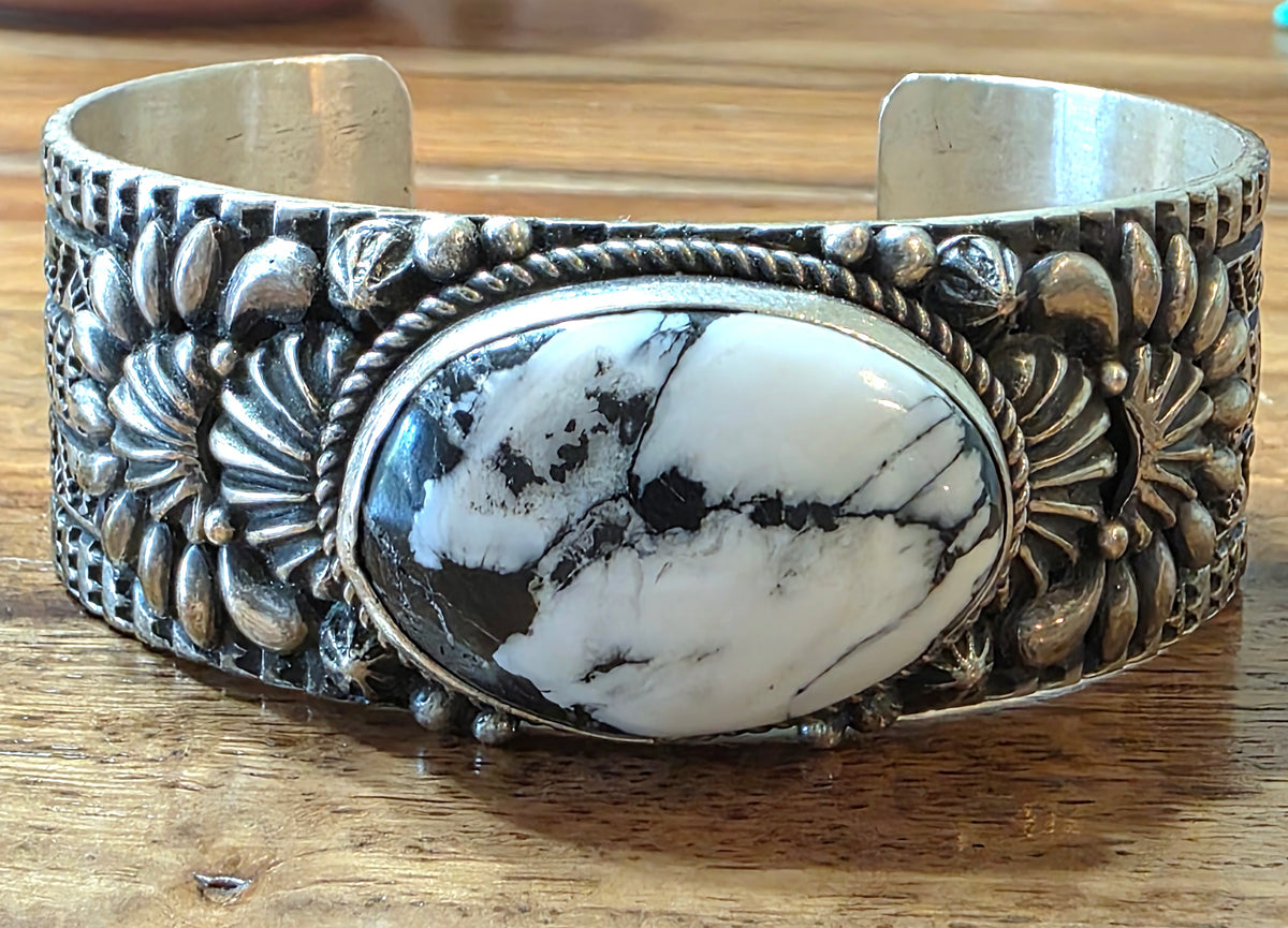 Navajo White Buffalo Wide Ornate Sterling Silver Cuff Bracelet Signed J.O. White