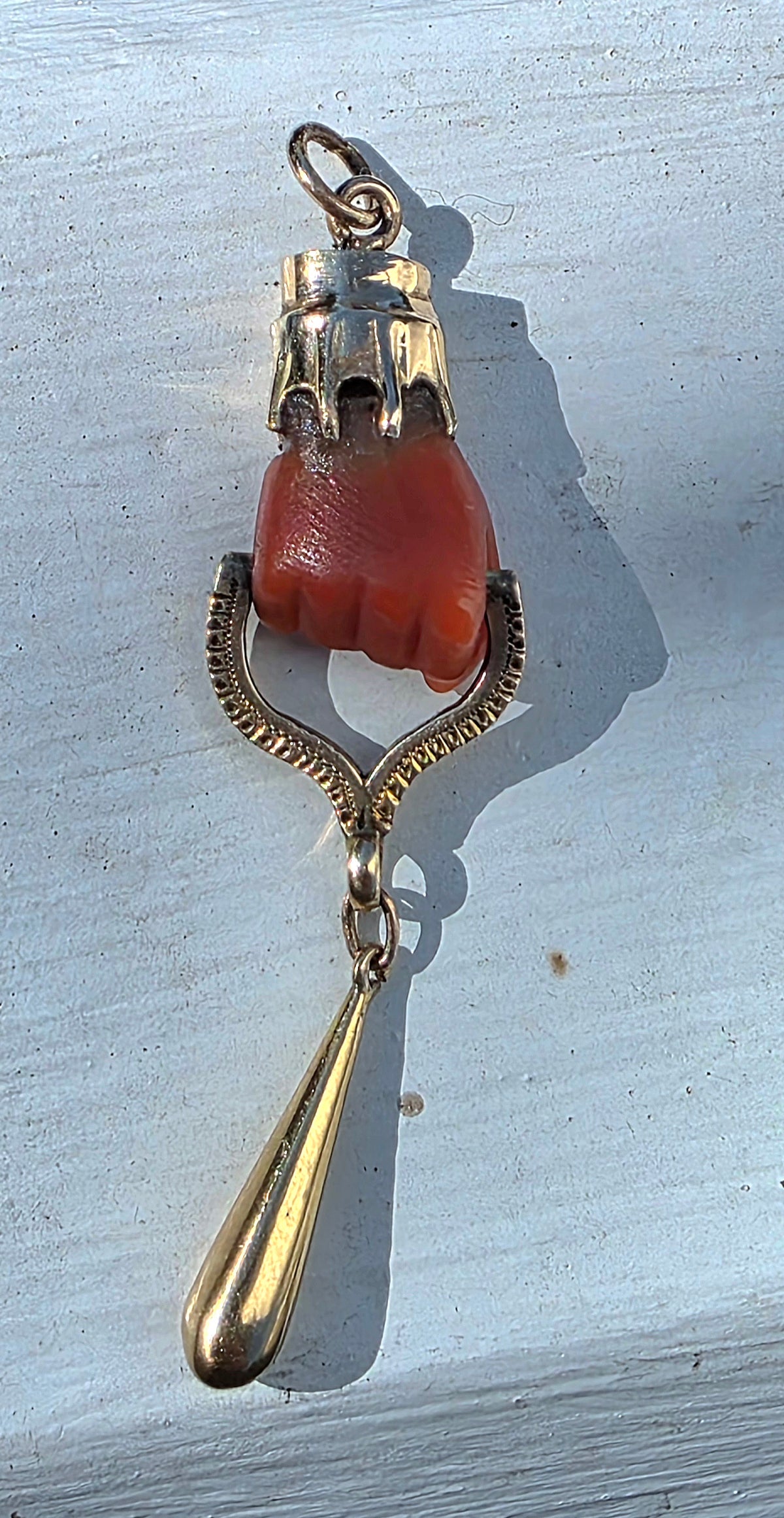 Antique Victorian 14K Gold Carved Coral Figa Fist Pendant Charm Talisman
