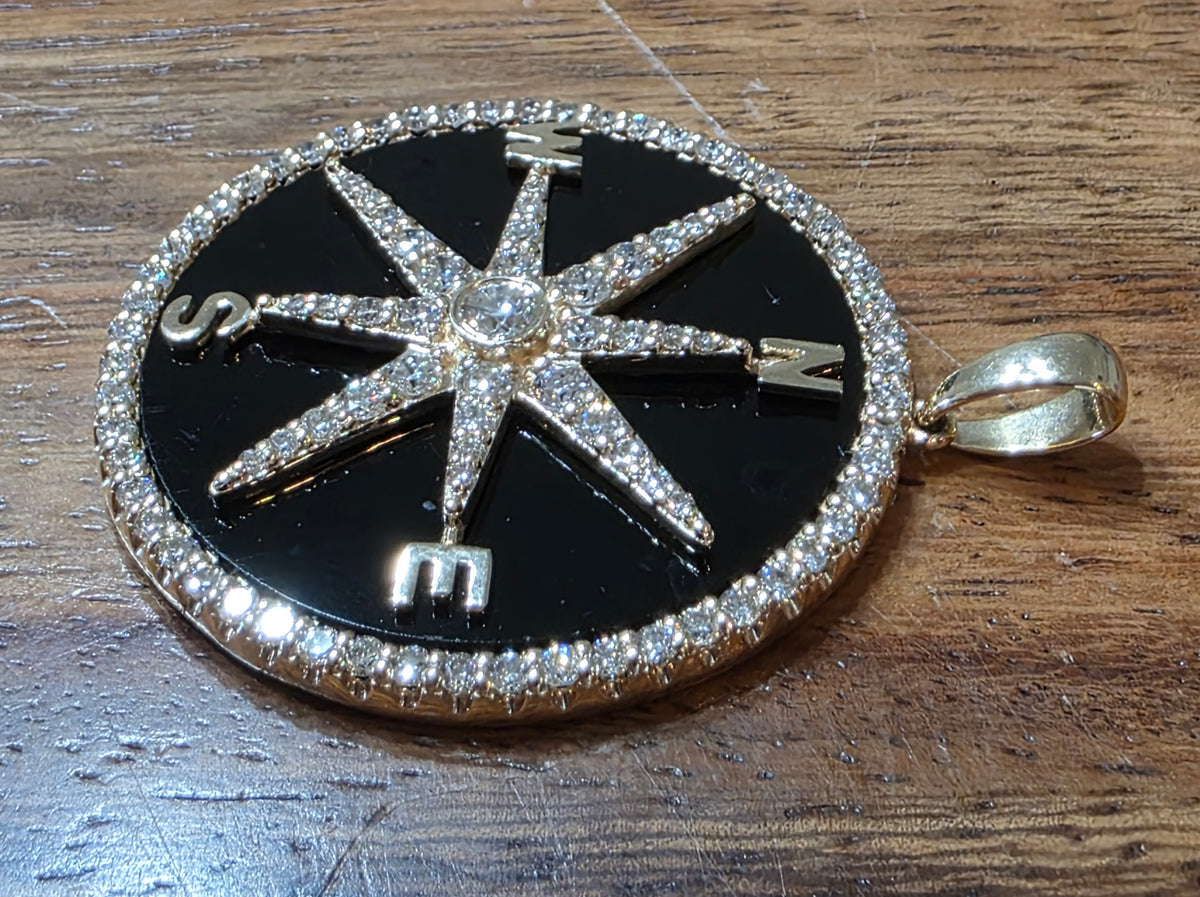 14k Yellow Gold Diamond & Black Onyx Compass Pendant