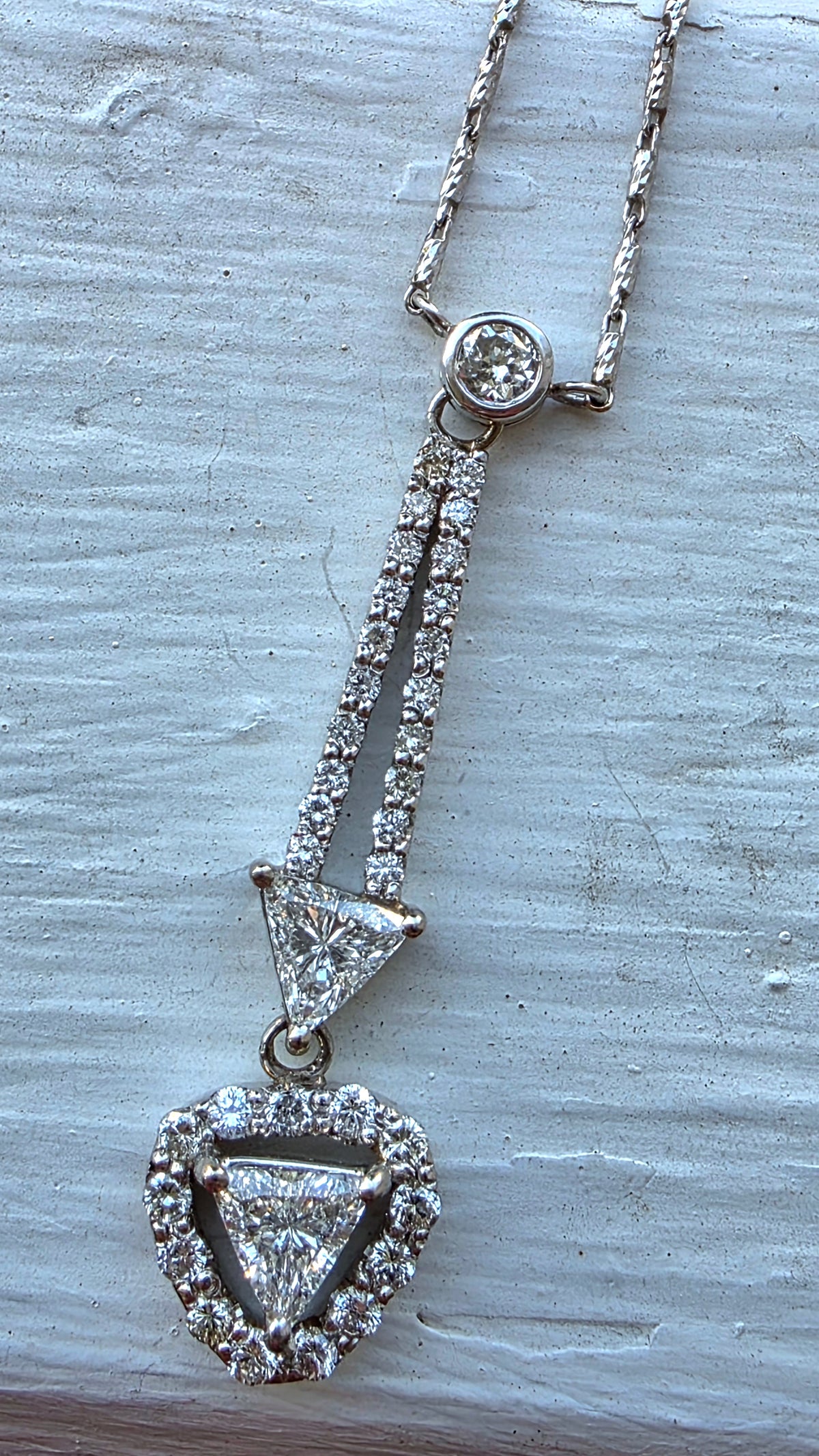 Estate 14k White Gold Trillion Cut Natural Diamond Lavalier Necklace, 2ctw