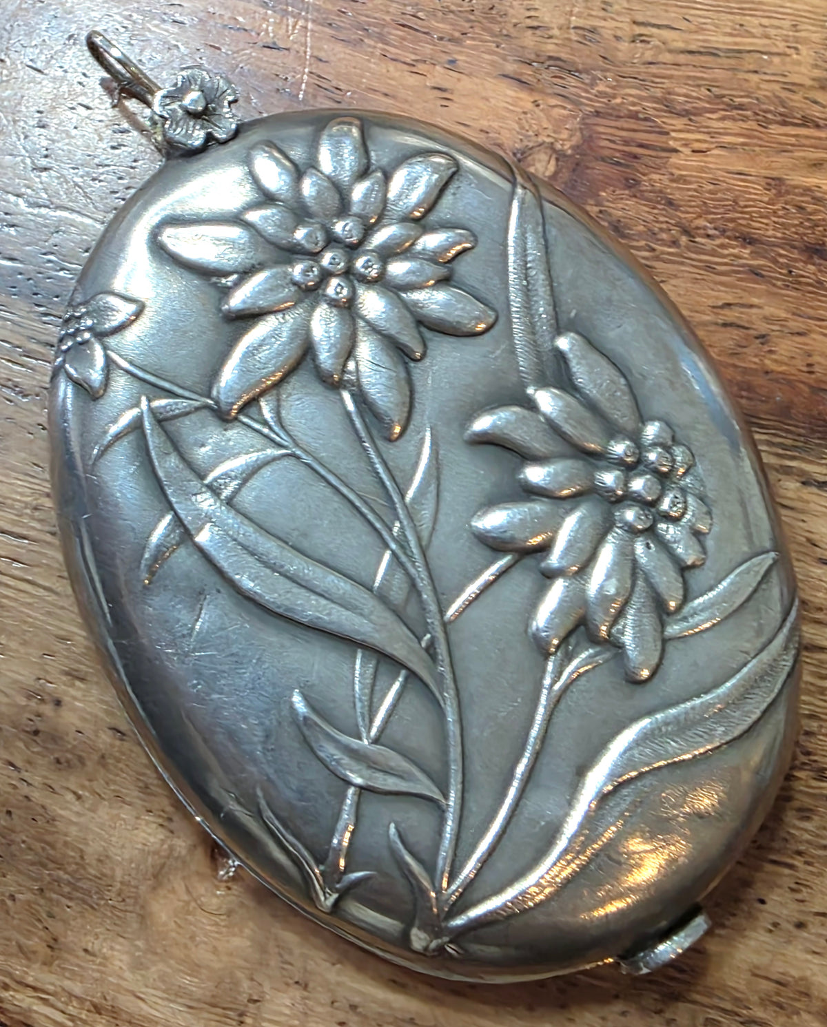 Antique French Art Nouveau Edelweiss Silver Sliding Pocket Mirror Pendant