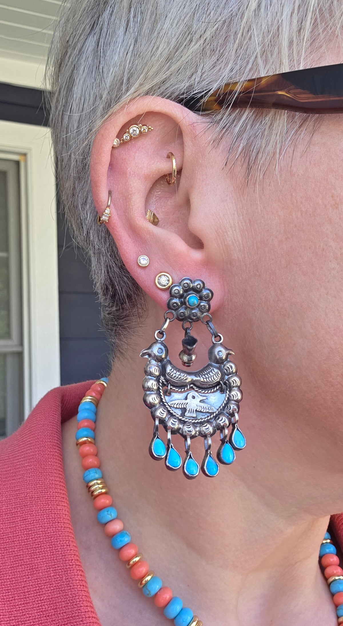 Federico Jimenez Oaxaca Sterling Silver Turquoise Thunderbird Earrings