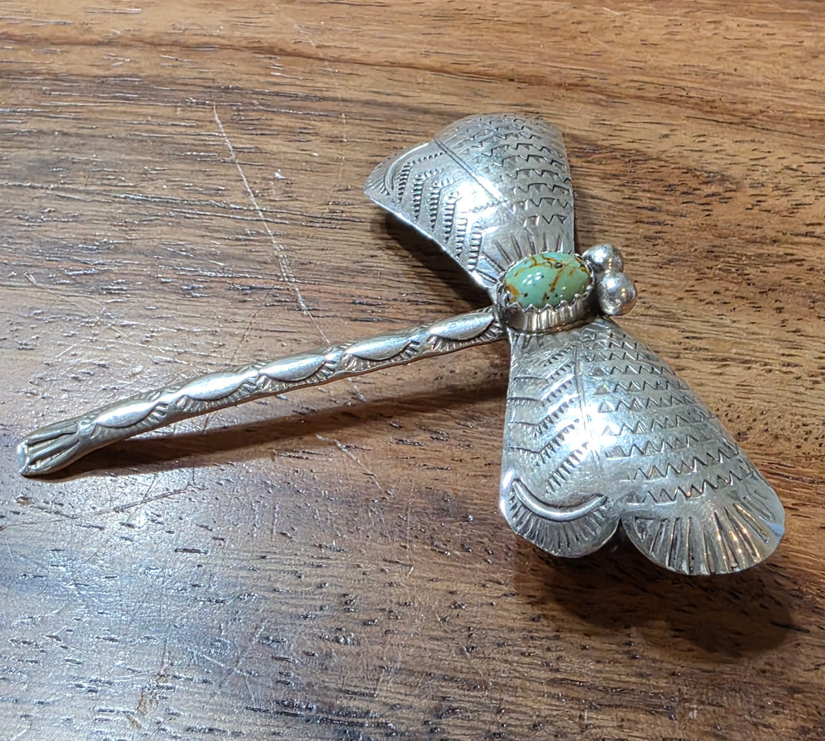 Old Pawn Vintage Navajo Sterling Silver & Turquoise Dragonfly Brooch Pin Signed